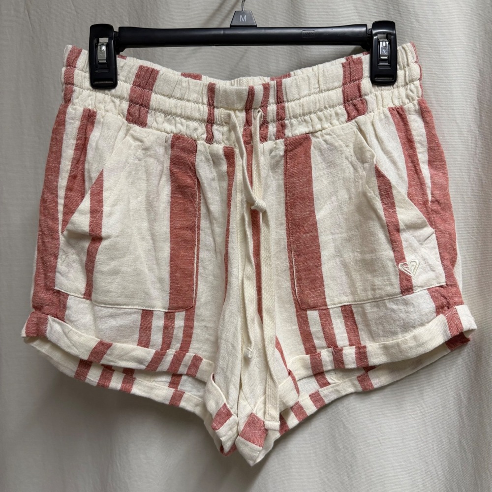 Roxy Womens Linen Blend Striped Shorts Red White Elastic Waist Pockets Size M